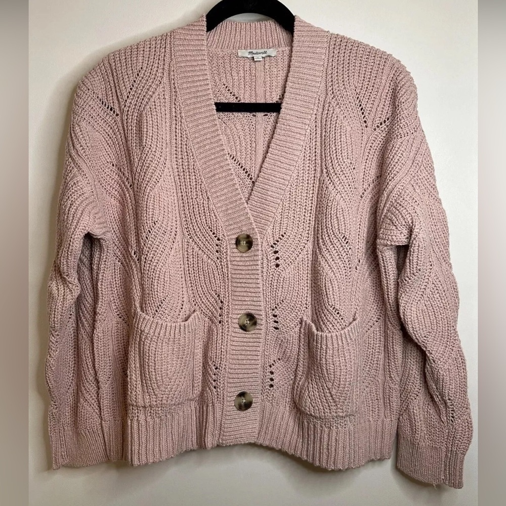 Madewell Women’s Medium Hillview Fisherman Cardigan Pink Sweater Cottagecore - Picture 2 of 6